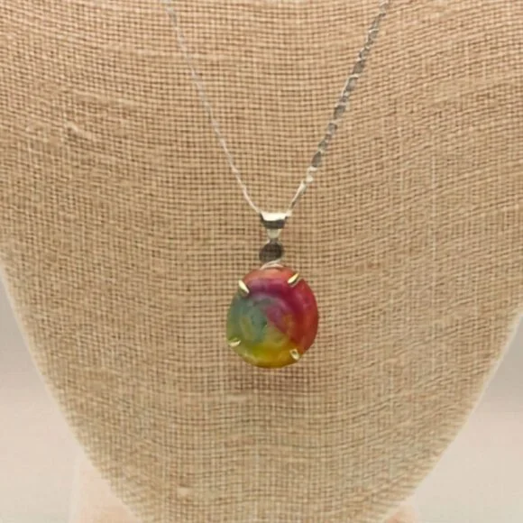 Sterling Silver 925 Figaro Chain Necklace with Rainbow Solar Quartz Pendant - Picture 2 of 2